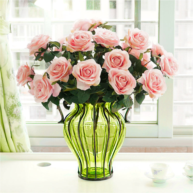 Green Glass Vase Gold Metal 16cm X 20cm X 35cm 4 Bunch 9 Heads Silk Roses