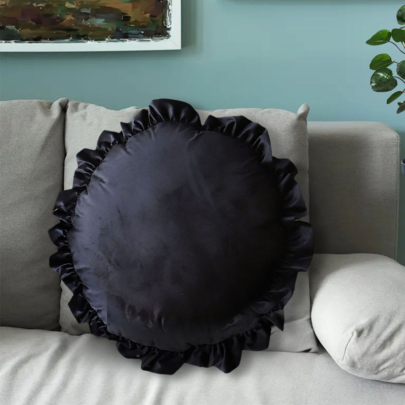 Round Velvet Throw Pillow 45cm 15cm Thick Plush Lotus Leaf Edge Black