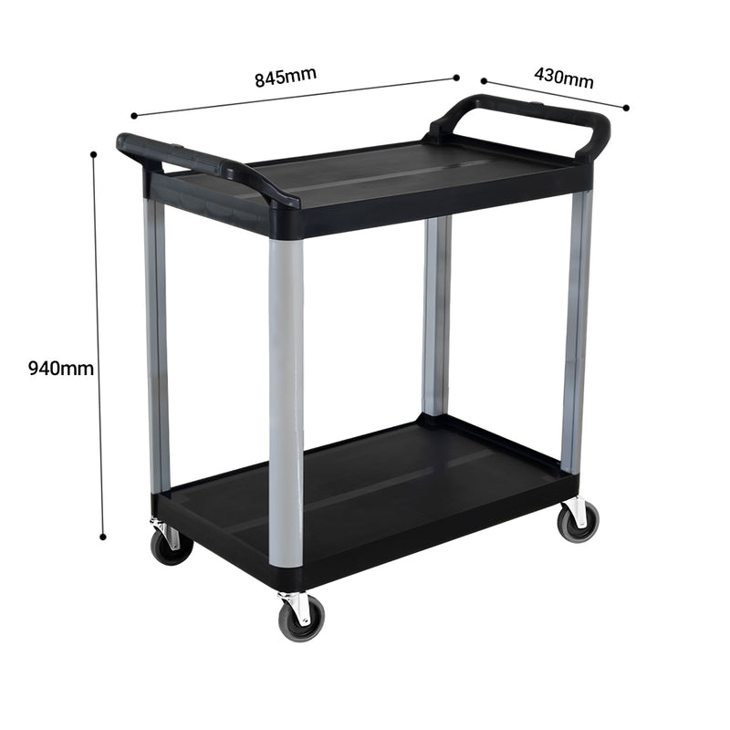 2X 2 Tier Portable PVC Food Trolley 845x430x940mm Wheels Black 40kg Per Tier