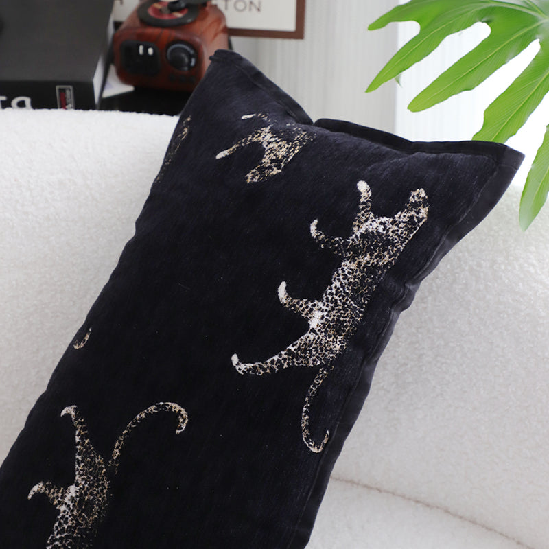 2X Black Polyester Cotton Throw Pillows 35x55x18cm Embroidered Panther Motif