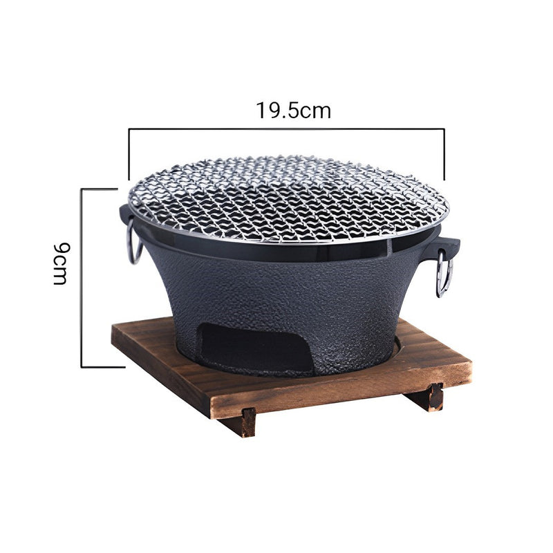 Small Cast Iron Tabletop Charcoal Grill 21cm Steel Net Black Wood Base