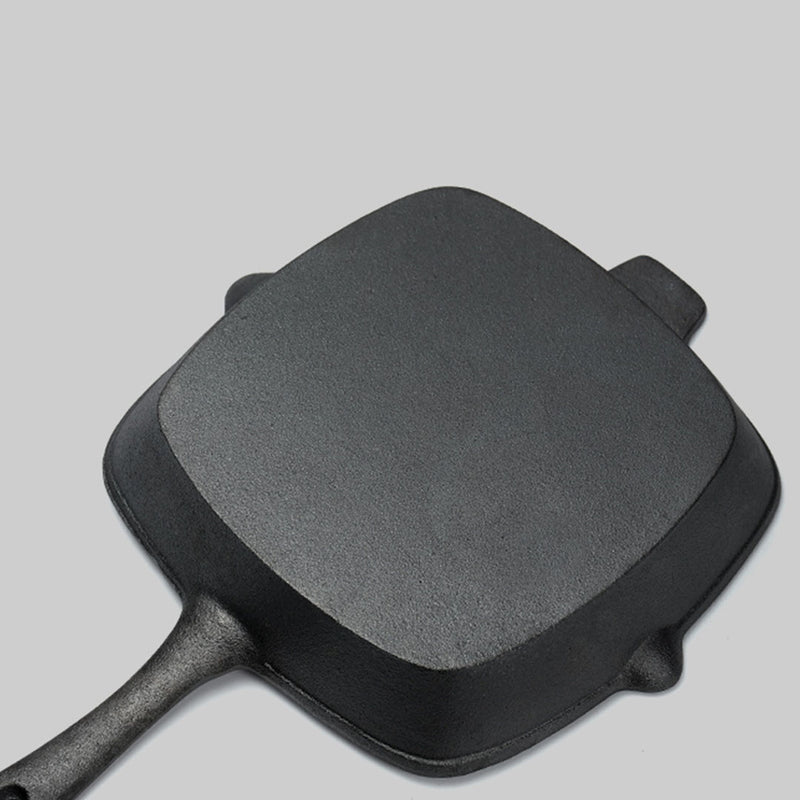 26cm Square Cast Iron Frying Pan Skillet Ribbed Sizzle Platter with Handle