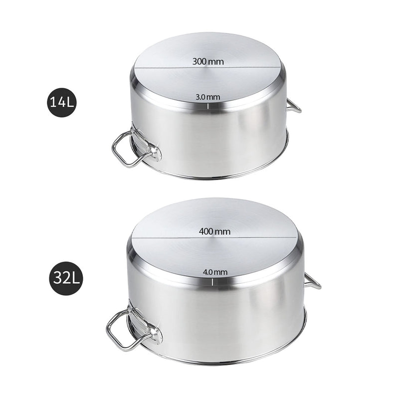 2X Stainless Steel Stock Pot 14L 32L Thick Bottom Commercial Cooking Pot Durable