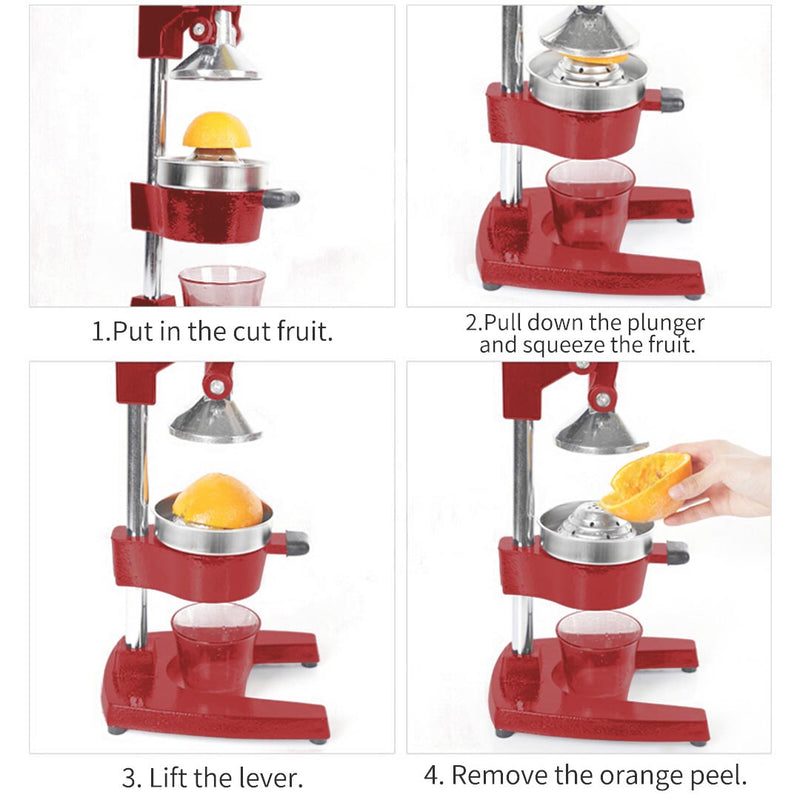 Commercial Manual Cast Iron Juicer 304 Stainless Cone Heavy Duty Handle Red