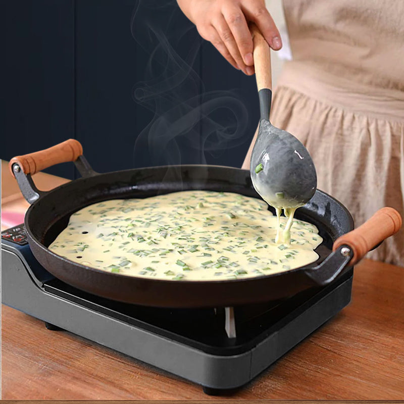 2X 35cm Cast Iron Skillet Preseasoned Nonstick Wooden Handle No Lid
