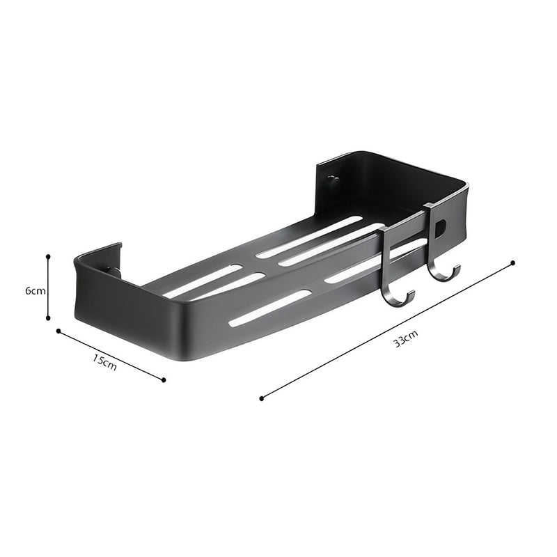 Wall Mounted Aluminum Adhesive Bathroom Shelf Rack With Hooks 33x15x6cm Black