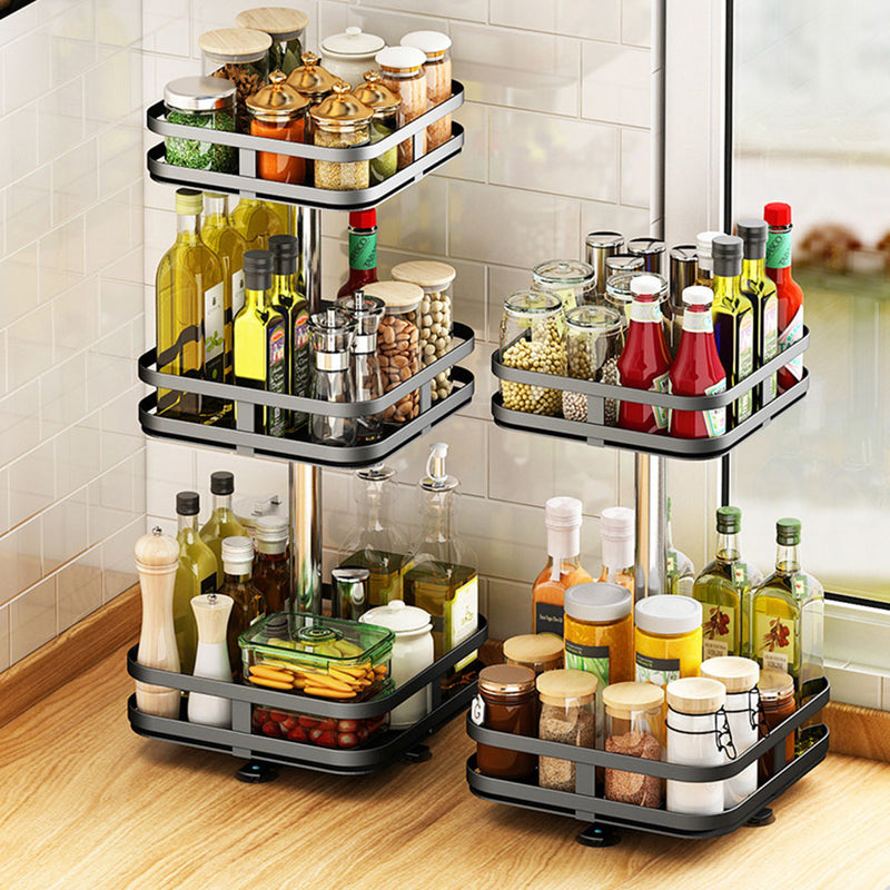 2X 3 Tier Carbon Steel Rotating Countertop Spice Rack Black 24cmx24cmx59cm