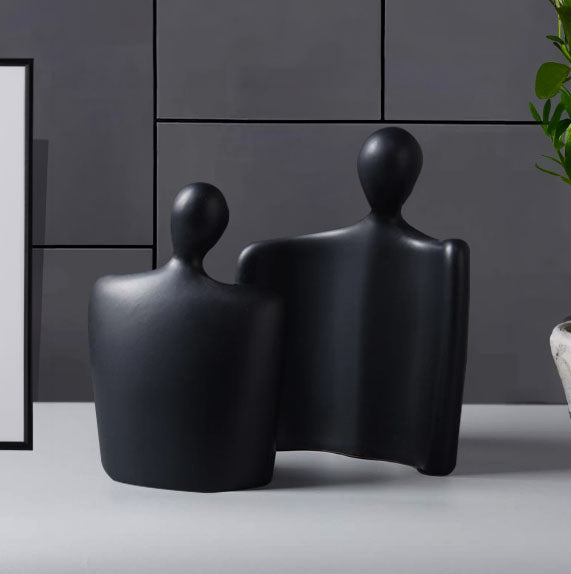 2X Ceramic Minimalist Abstract Human Figurine Sculptures Matte Black 25.5cm 21cm
