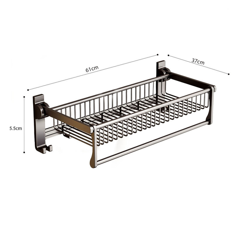 2X Wall Mounted Aluminum Gray Towel Holder Double Rail Organizer With Hooks