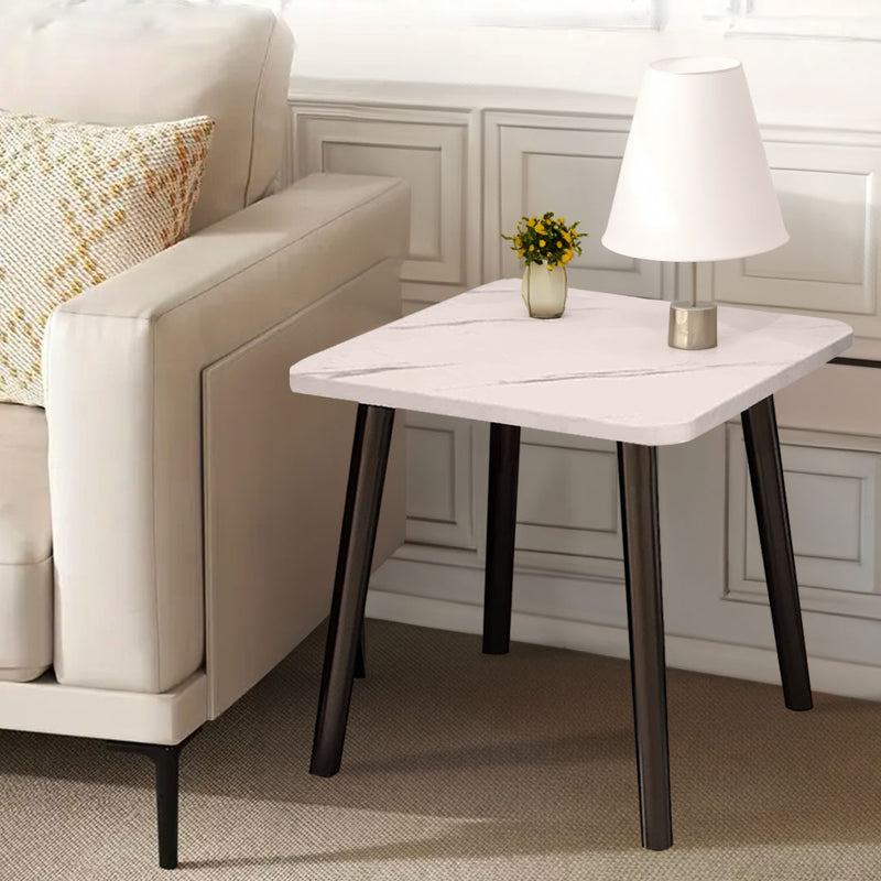 40cm White Ceramic Side Table Stone Pattern Black Metal Legs