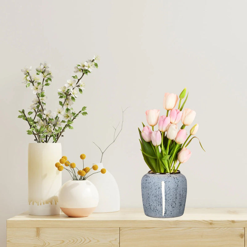 Small Ceramic Flower Vase 21x22cm Grey Handcrafted Elegant Living Room Decor