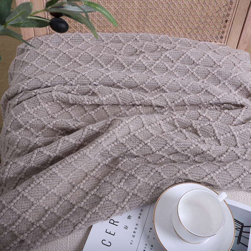 Diamond Pattern Knitted Throw Blanket 100% Acrylic 130x170cm Coffee Fringed