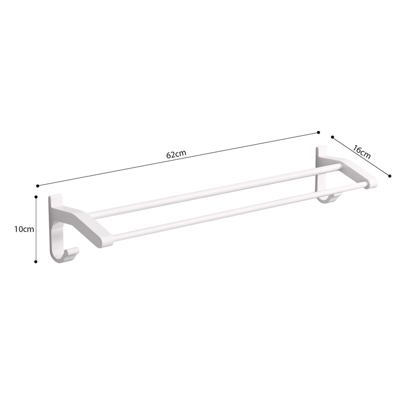 62cm White Aluminum Wall Mounted Double Pole Towel Holder With Hooks 0.5kg