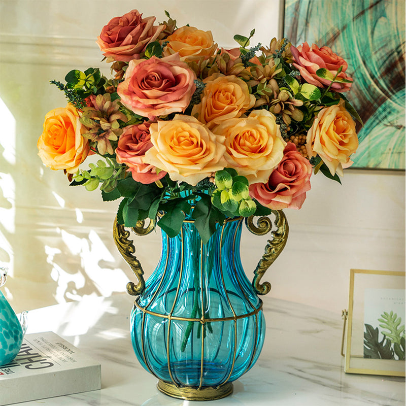 Blue Glass Vase With 4 Bunch 11 Heads Silk Rose Bouquet 50cm Realistic