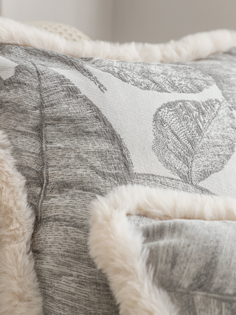 Rectangular Lumbar Throw Pillow Velvet 30x50cm Silver Raised Embroidered Leaf