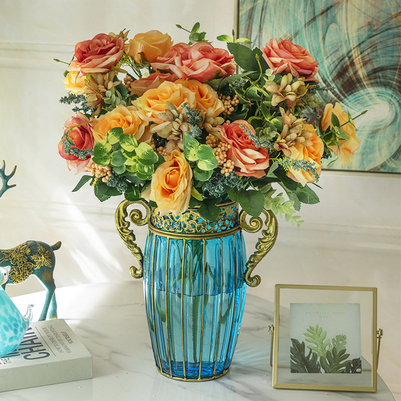 Blue Glass And Gold Metal Vase With Silk Rose Bouquet 4 Bunch 11 Heads Set