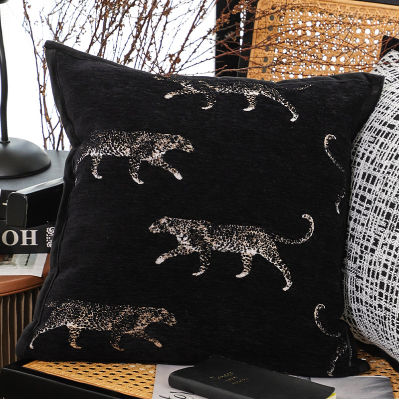 2X 50x50x18cm Black Polyester Cotton Throw Pillow Embroidered Panther Motif