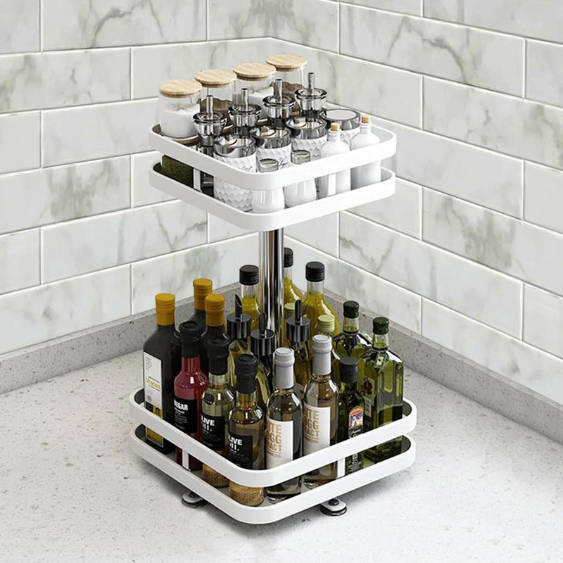 2 Tier White Carbon Steel Rotating Kitchen Spice Rack Organiser Shelf
