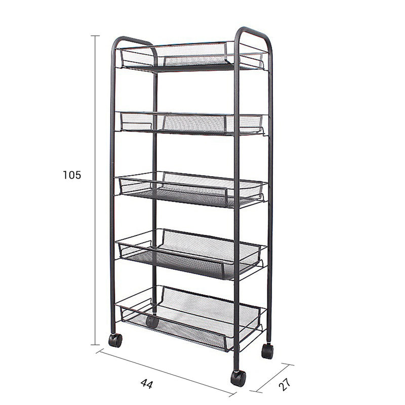 5 Tier Steel Kitchen Cart Black Mesh Shelves Portable Storage With Wheels