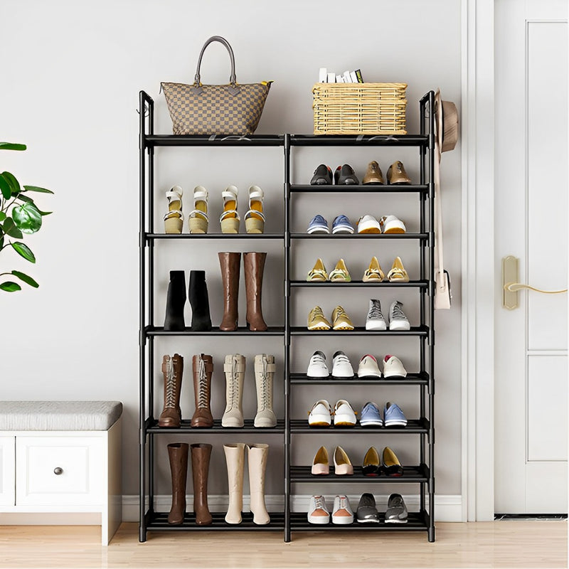 2X 12-Shelf Shoe Storage Rack Black Space-Saving Organizer with Side Hooks