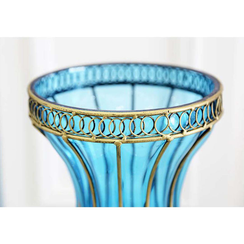 67cm Blue Glass Tall Floor Vase Gold Metal Accents 12pcs White Silk Flowers