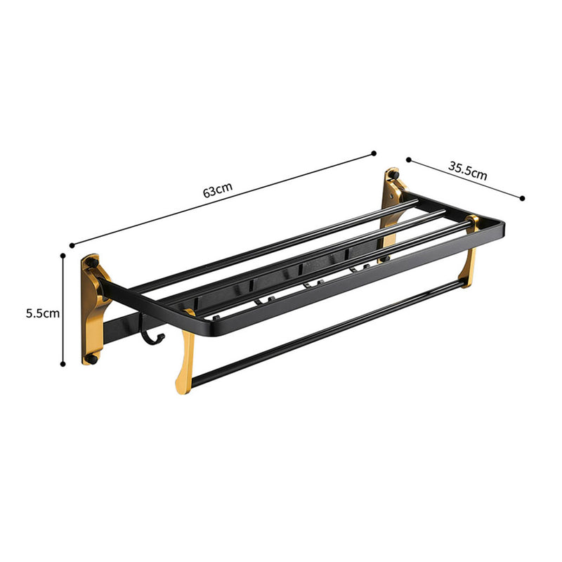 2X Wall-Mounted Aluminum Towel Holder 63cm Black Gold With Hooks Waterproof