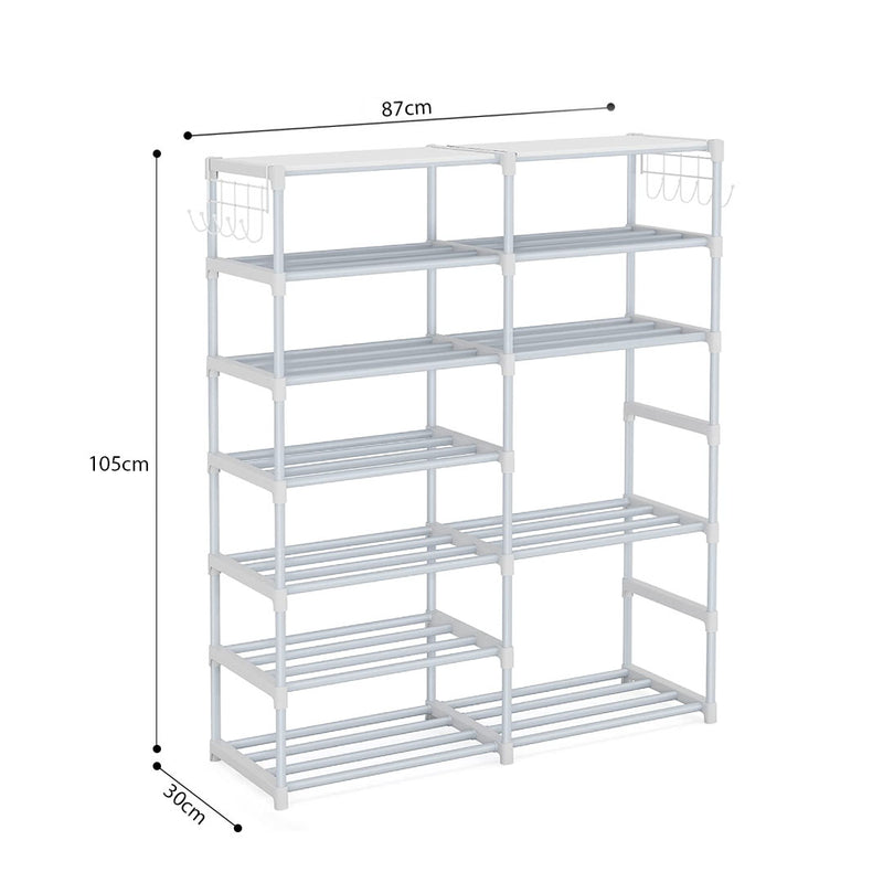 12 Shelf Shoe Rack Plastic Coated Iron 87x30x140cm 4kg Capacity White Side Hooks