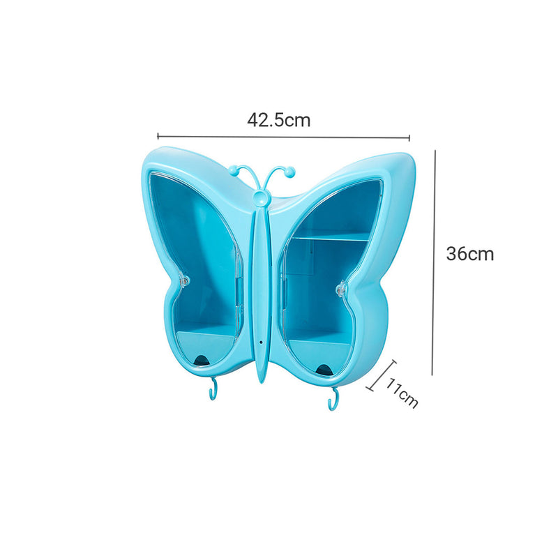 2X Butterfly Wall Mounted Makeup Organizer 42x11x36cm Plastic Blue Dustproof