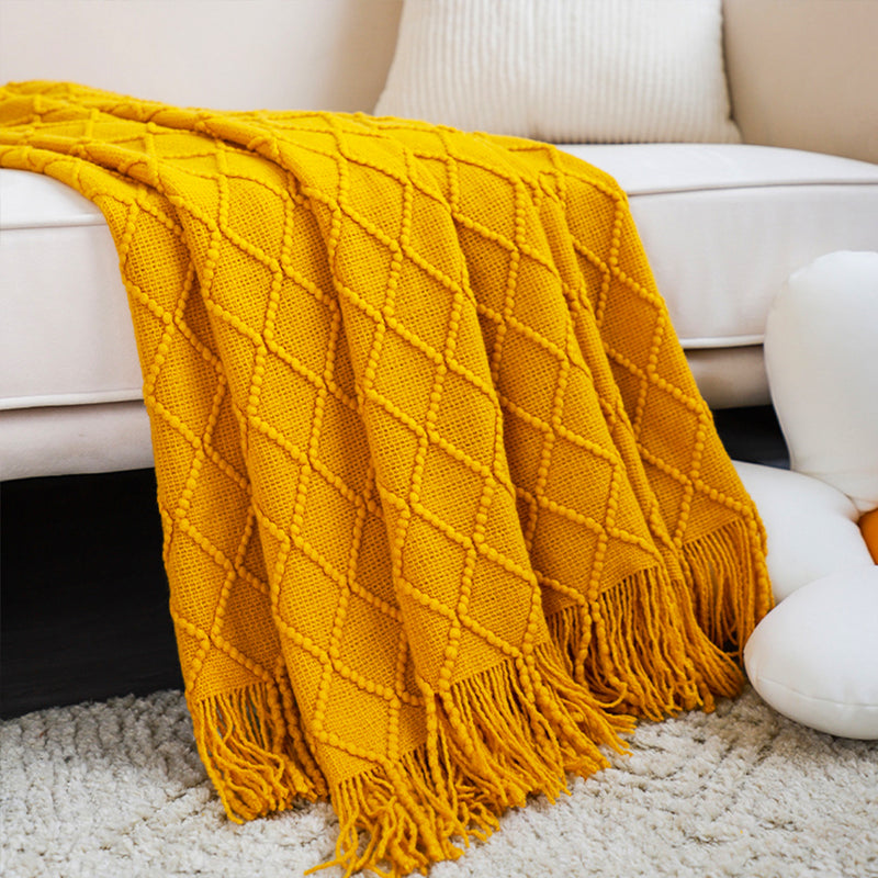 Knitted Acrylic Throw Blanket 130cmx230cm Diamond Jacquard Tassels Yellow