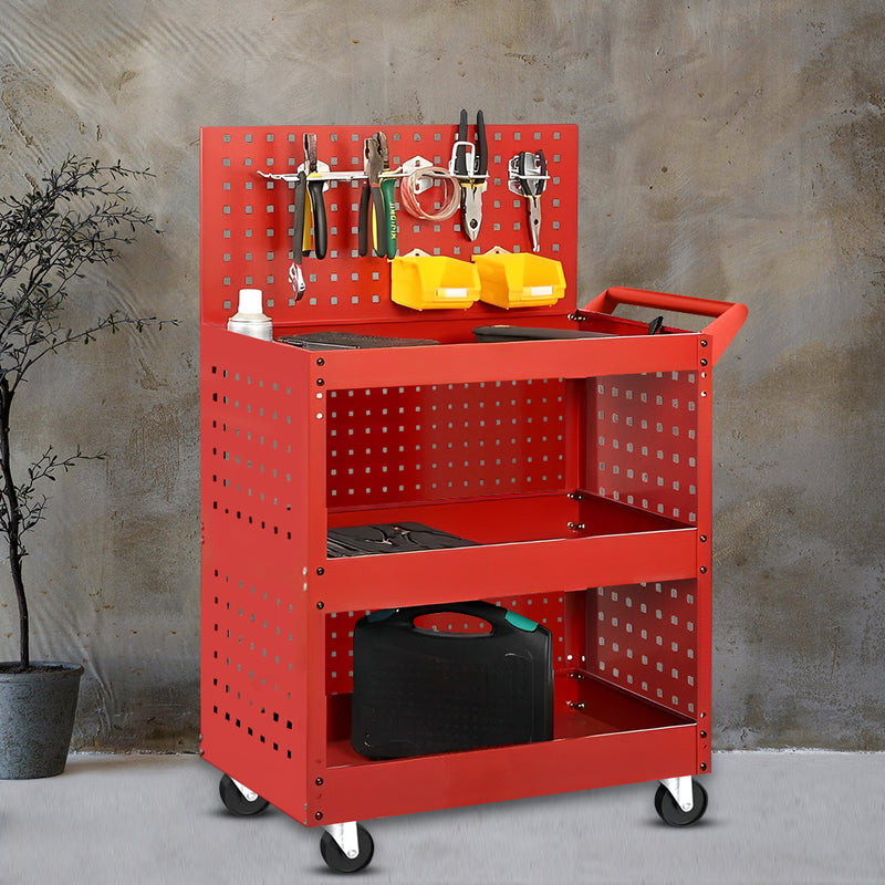 3 Tier Tool Cart Cold Rolled Steel 66x36x108cm 40kg Per Tier Red Porous Panels