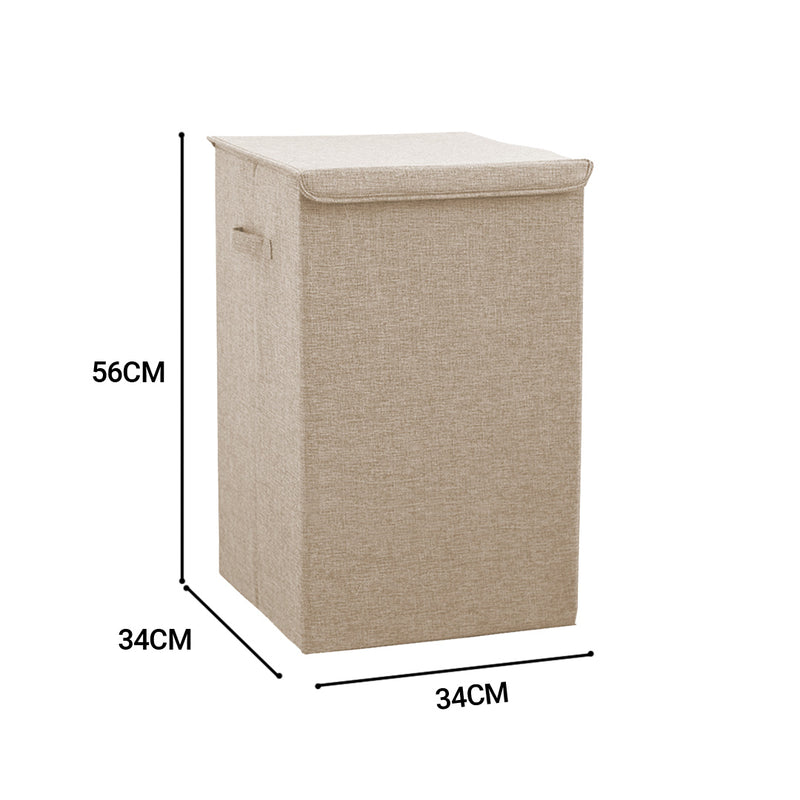 2X Beige Medium Foldable Canvas Laundry Hamper Storage Box With Lid Portable