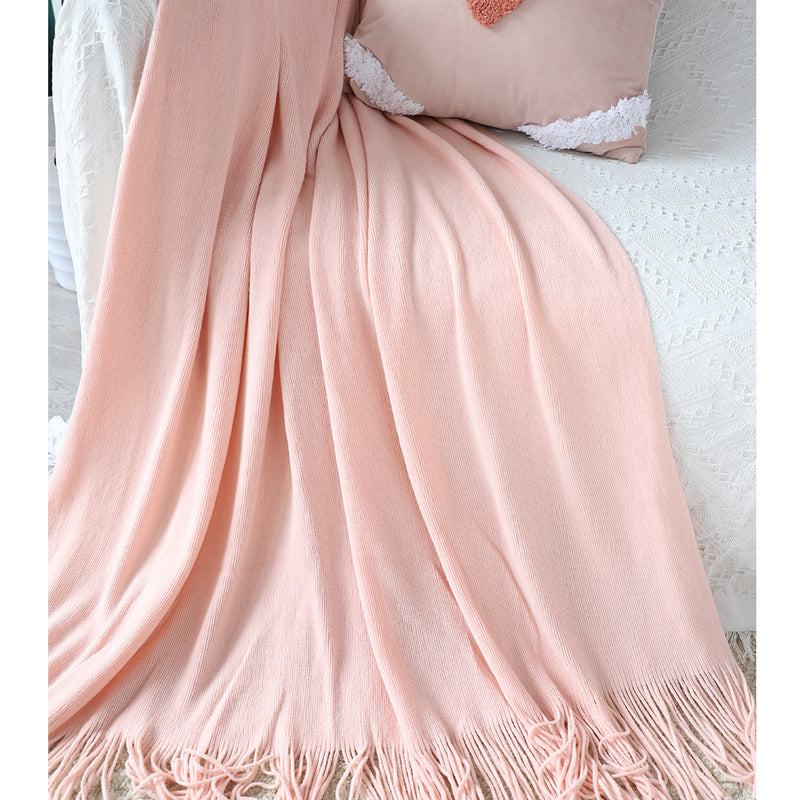 Pink Acrylic Knitted Throw Blanket 130x220cm Fringed Cozy Home Decor