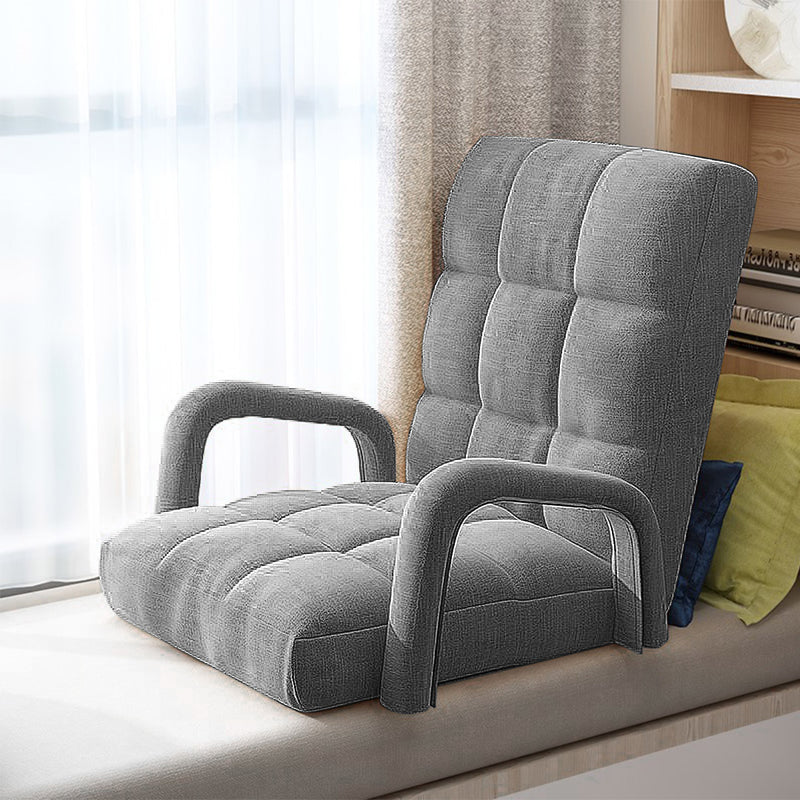 Foldable Floor Recliner Chair Adjustable Armrest Ergonomic Grey Linen Fabric