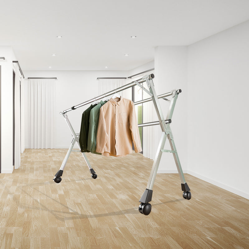 2X Portable Stainless Steel Clothes Drying Rack 240x140x50cm 3 Poles Wheels