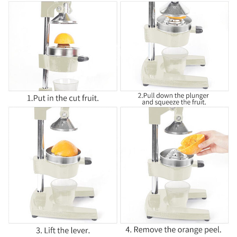 Commercial Manual Citrus Juicer Cast Iron Base 304 Stainless Steel Cone White