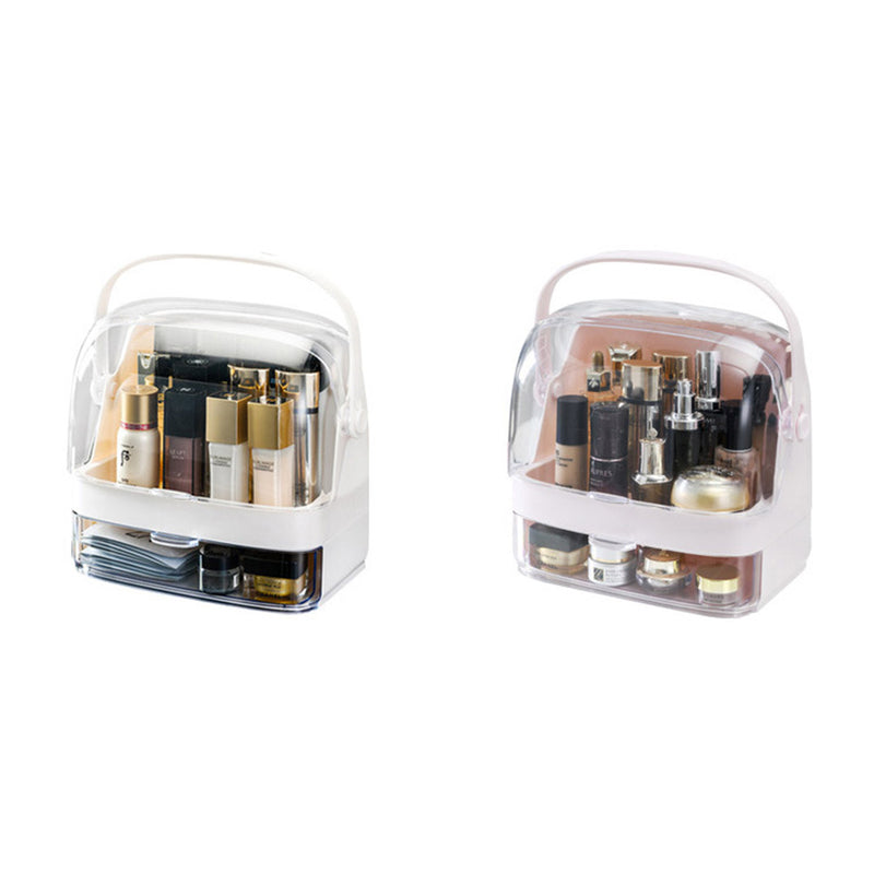 2 Tier White Plastic Makeup Skincare Organizer Box with Handle