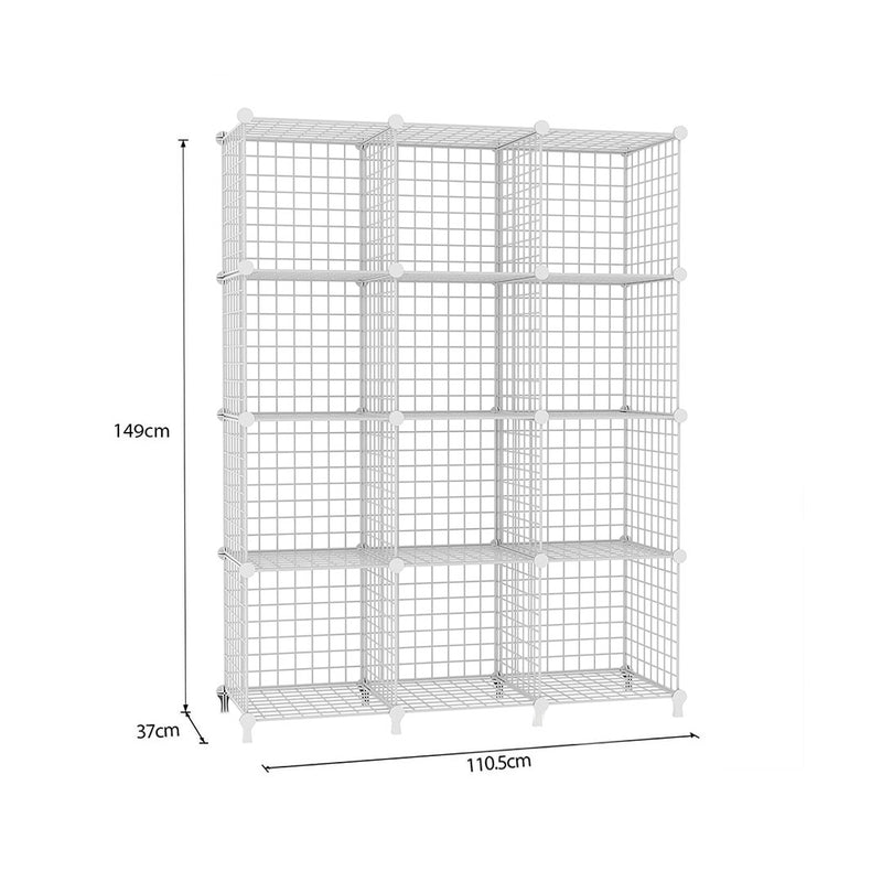 White Portable 12 Cube 3 Column Iron Wire Mesh Storage Organizer 110x37x113cm