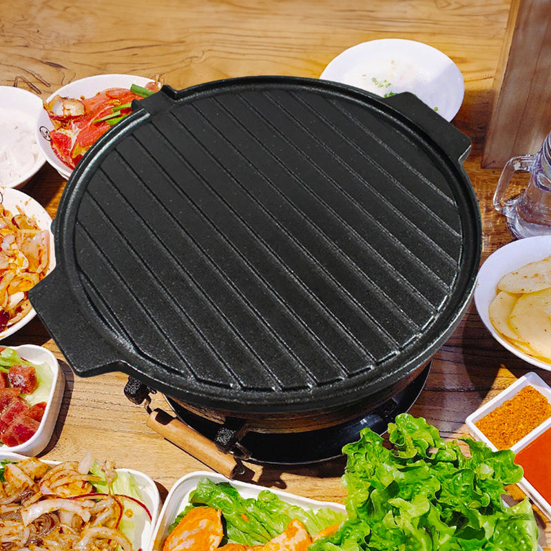 2X 30CM Round Cast Iron BBQ Grill Pan With Handles Non Stick Black Camping