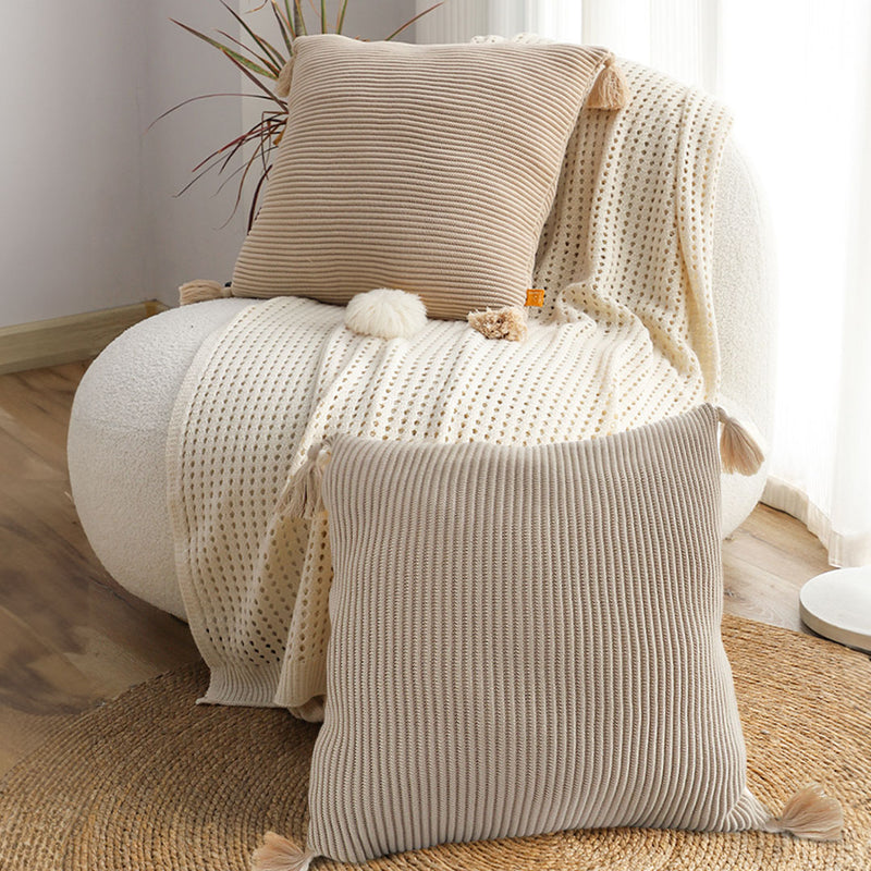 2X 45cm Square Velvet Throw Pillow Off White Striped Tassel Plush Cotton
