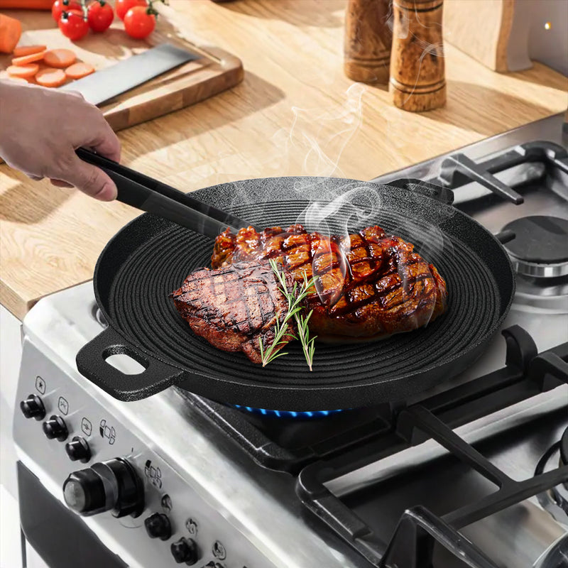 2X 35cm Round Ribbed Cast Iron Frying Pan Skillet With Handle Pre-Seasoned