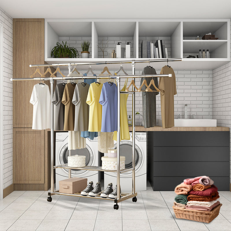 2X 200cm Extendable Stainless Steel Floor Clothes Rack Double Rod Wheels