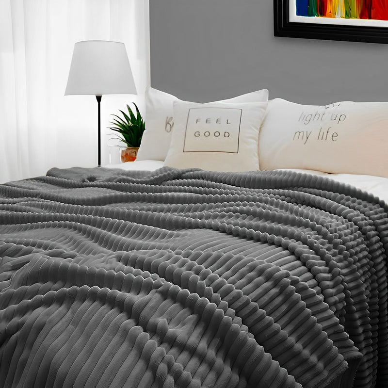 Grey Flannel Polyester Throw Blanket Warm Cozy Striped Lightweight Sofa Bed