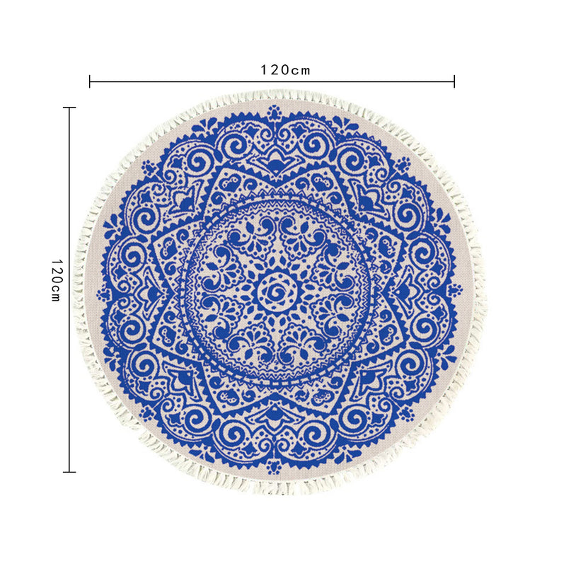 120cm Round Area Rug Polyester Fiber Anti Slip Backing Mandala Blue