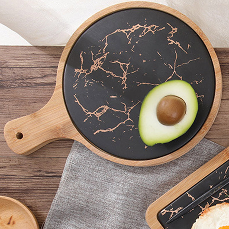 2X 30cm Black Round Wooden Serving Tray Removable Slate Insert