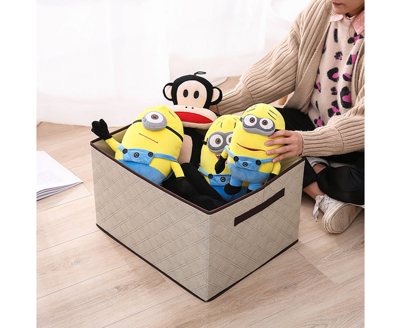 Small Beige Diamond Grid Non-Woven Fabric Storage Box With Lid 35x28x18cm