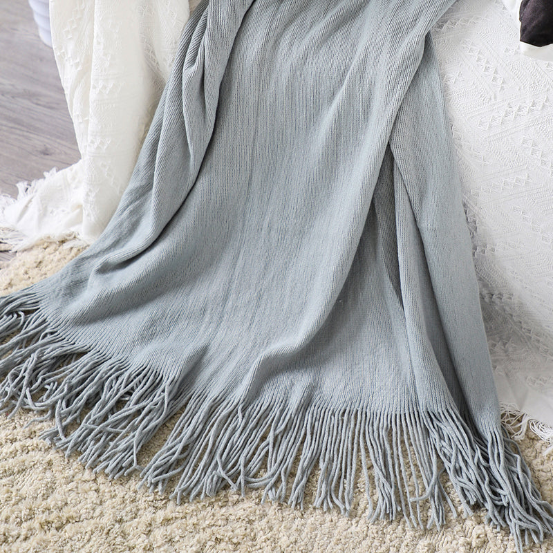 Knitted Throw Blanket Acrylic 130x220cm Fringed Grey Cozy Home Decor