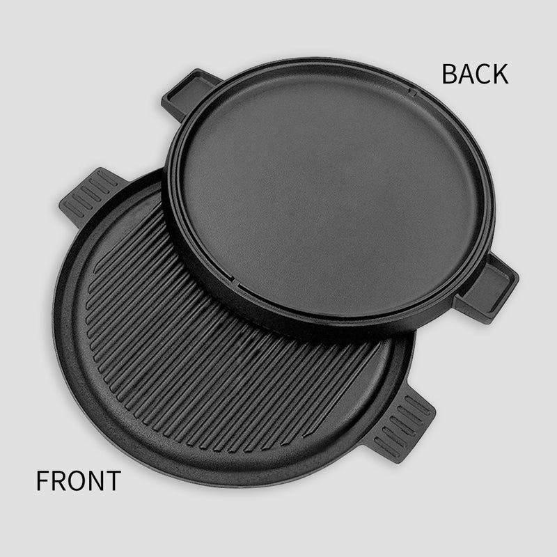 2X 43cm Round Ribbed Cast Iron Frying Pan Skillet Sizzle Platter With Handle