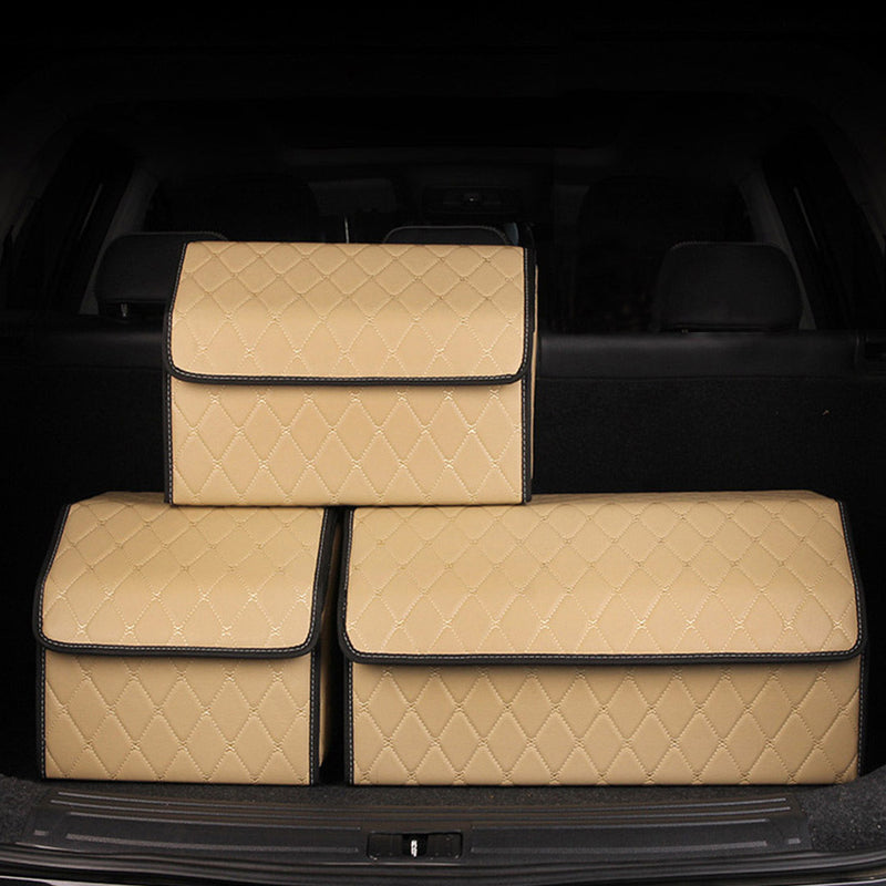 4X Leather Car Boot Organizer 55x30x30Cm Collapsible Beige Gold Stitch