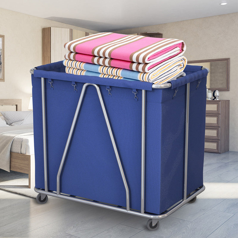 Commercial Large Stainless Steel Linen Cart 37 Inch Tall Oxford Bag White Wheels
