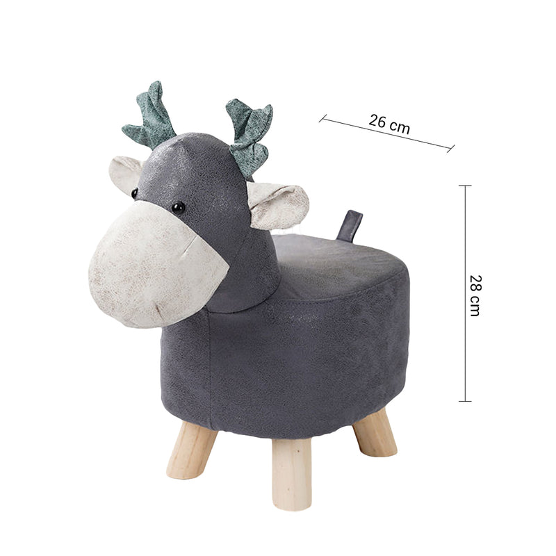 2X Grey Round Children Ottoman Stool Deer Design Polyurethane Solid Pine 28x26cm
